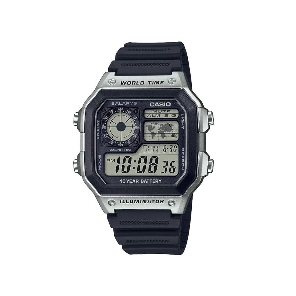 Casio AE1200WH Series | Men’s Digital Watch | 100M WR | Multi Alarms | 100 SEC Stopwatch | Countdown Timer | World Map for World Time | LED Light | LC Analog Display | 10 Year Battery