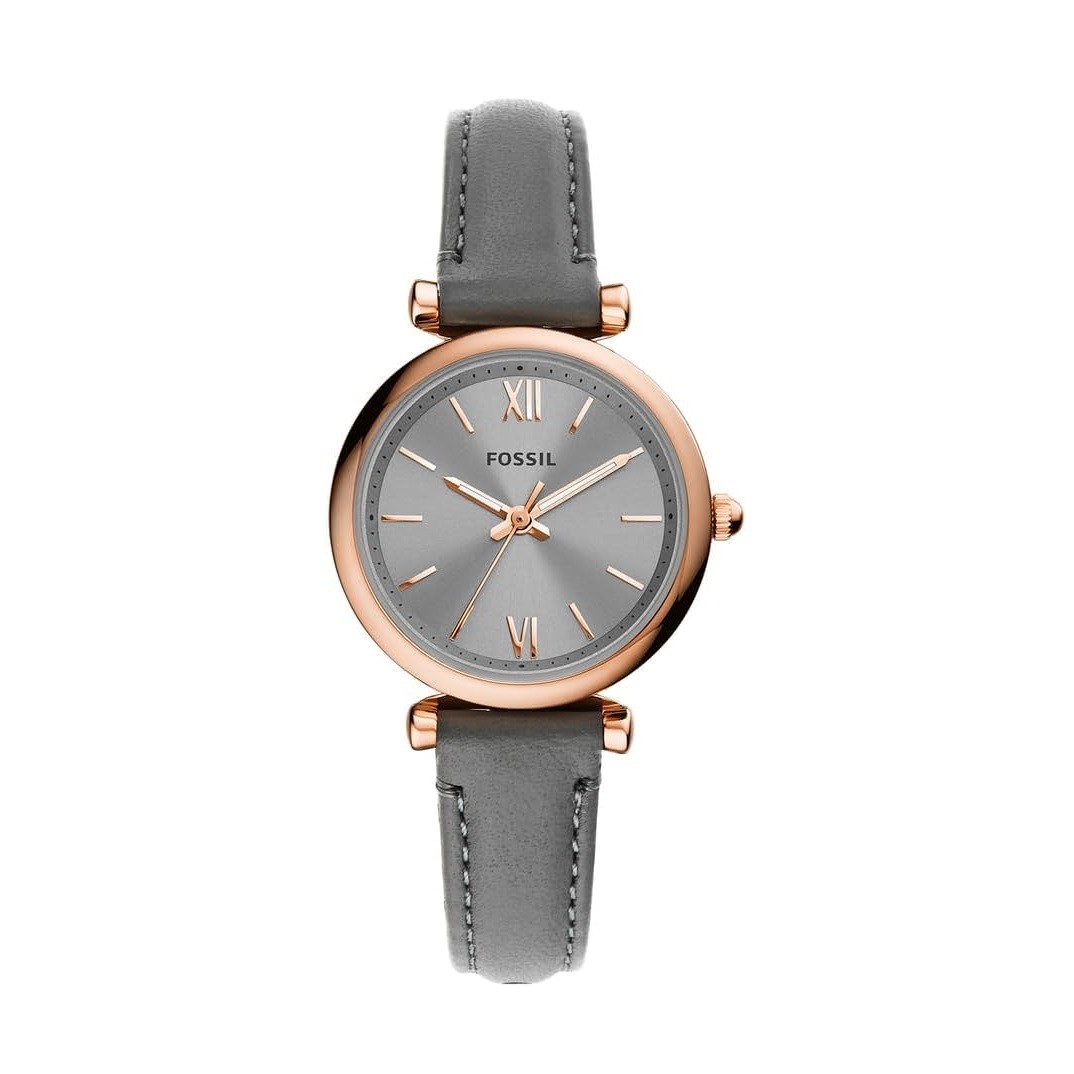 Fossil Women's Carlie Mini Quartz Stainless Steel and Leather Watch, Color: Rose Gold, gray (Model: ES5068)