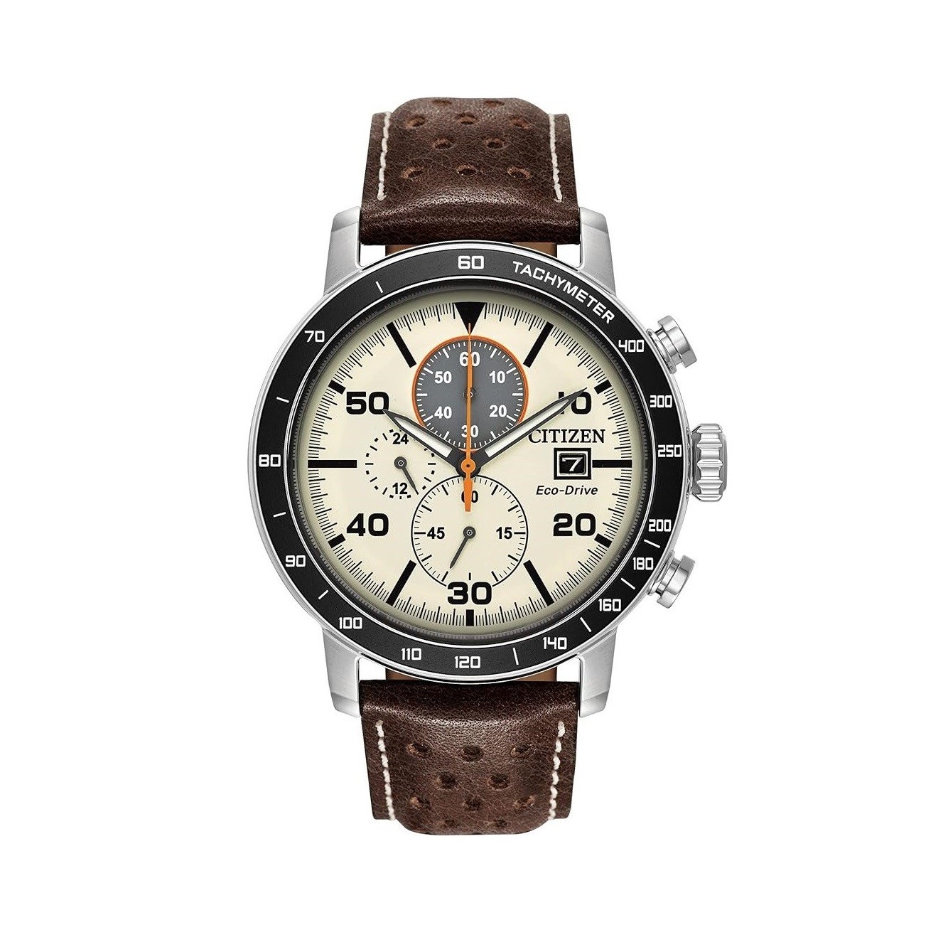 Citizen Men's Eco-Drive Weekender Brycen Chronograph Watch in Stainless Steel, Brown Leather strap, Ivory Dial (Model: CA0649-06X)
