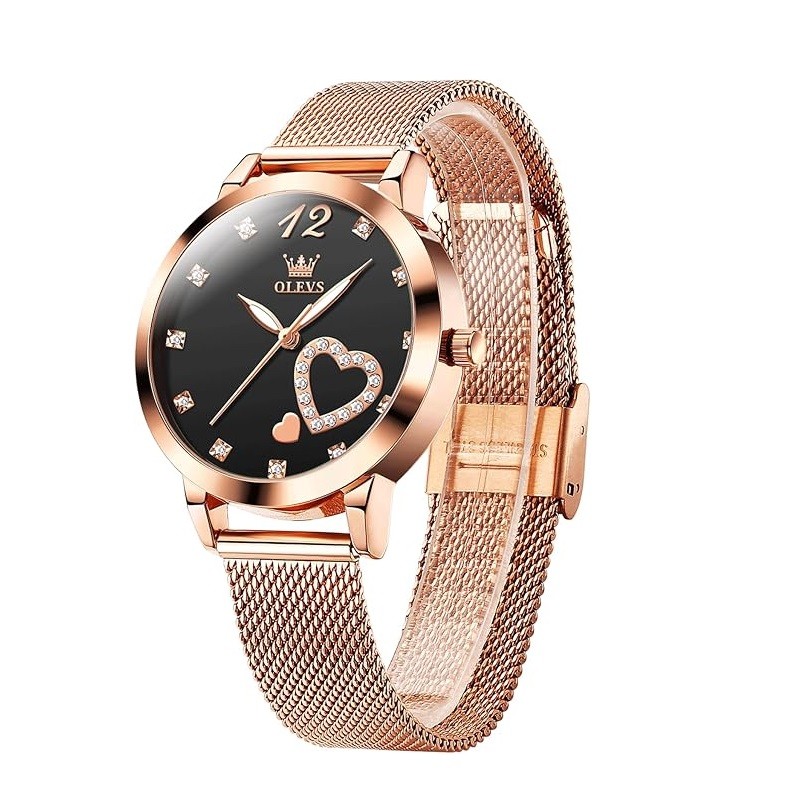 OLEVS Womens Watch, Small Wrist Rose Gold Tone Cute Diamond Heart Arabic Numerals Dial Ladies Watch, Fashion Waterproof Mesh Bracelet Analog Dress Watch for Women