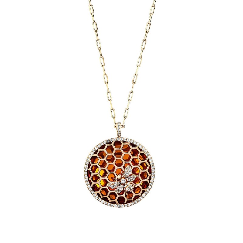 Bee Goddess Honeycomb 18K Baguette Diamond Chain Necklace