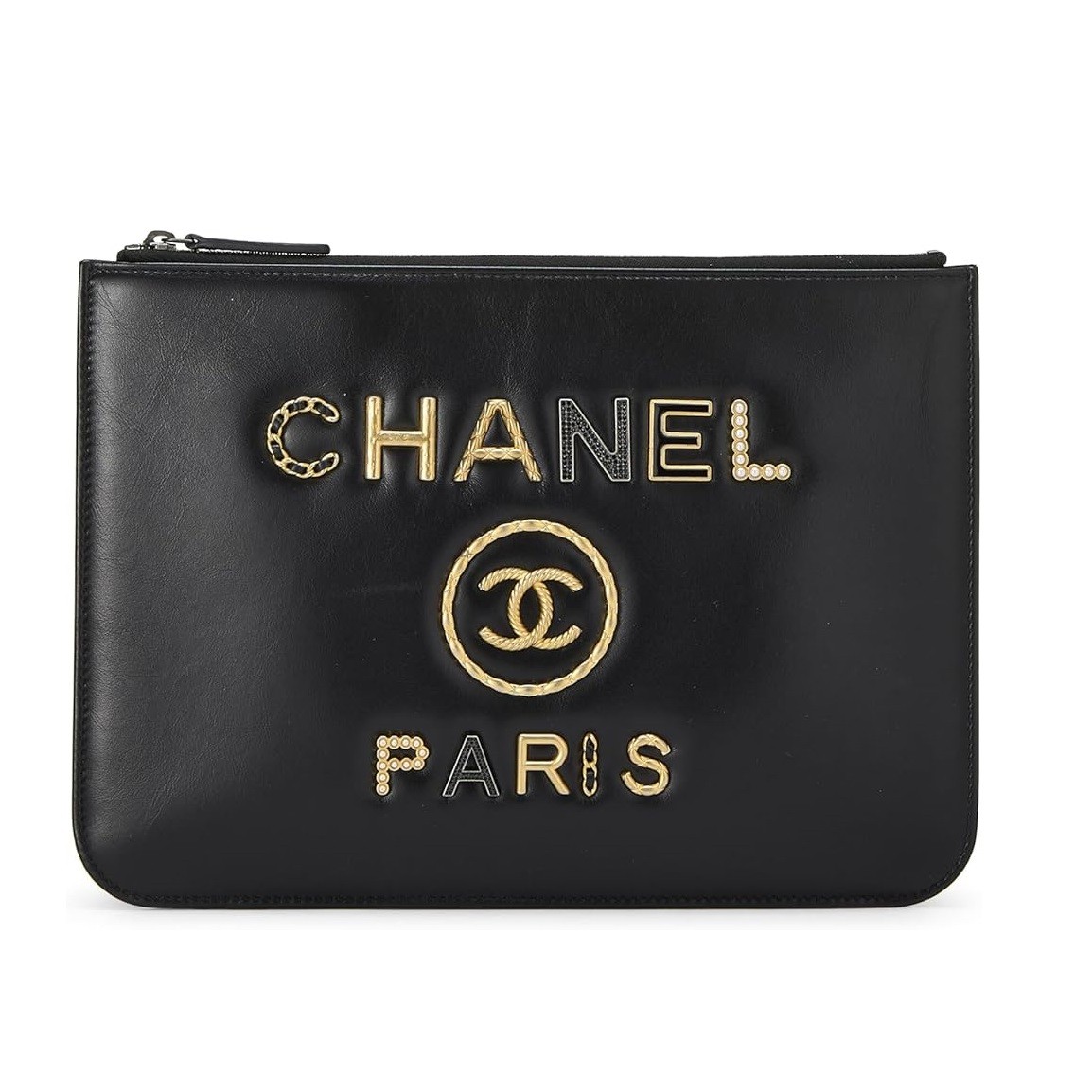 CHANEL Pre-Loved Black Calfskin Logo Pouch, Black