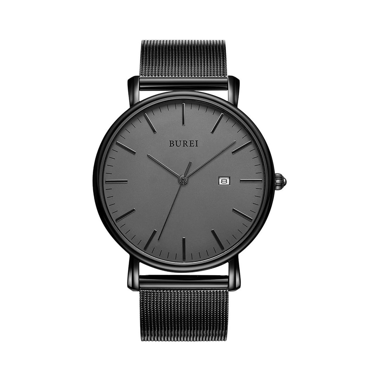 BUREI Men's Fashion Minimalist Wrist Watch All Black Waterproof Watches Simple Ultra Thin Watches Analog Quartz Date with Stainless Steel Mesh Band