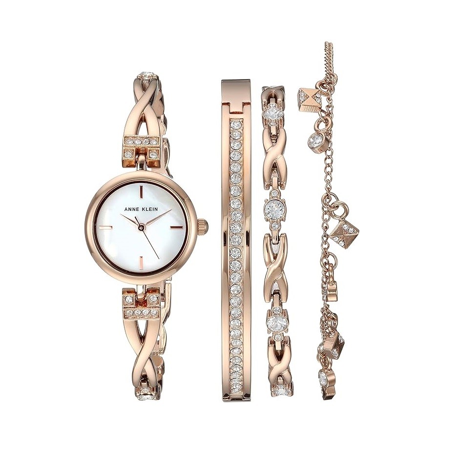 Anne Klein Women's Premium Crystal Accented Silver-Tone Watch and Bracelet Set