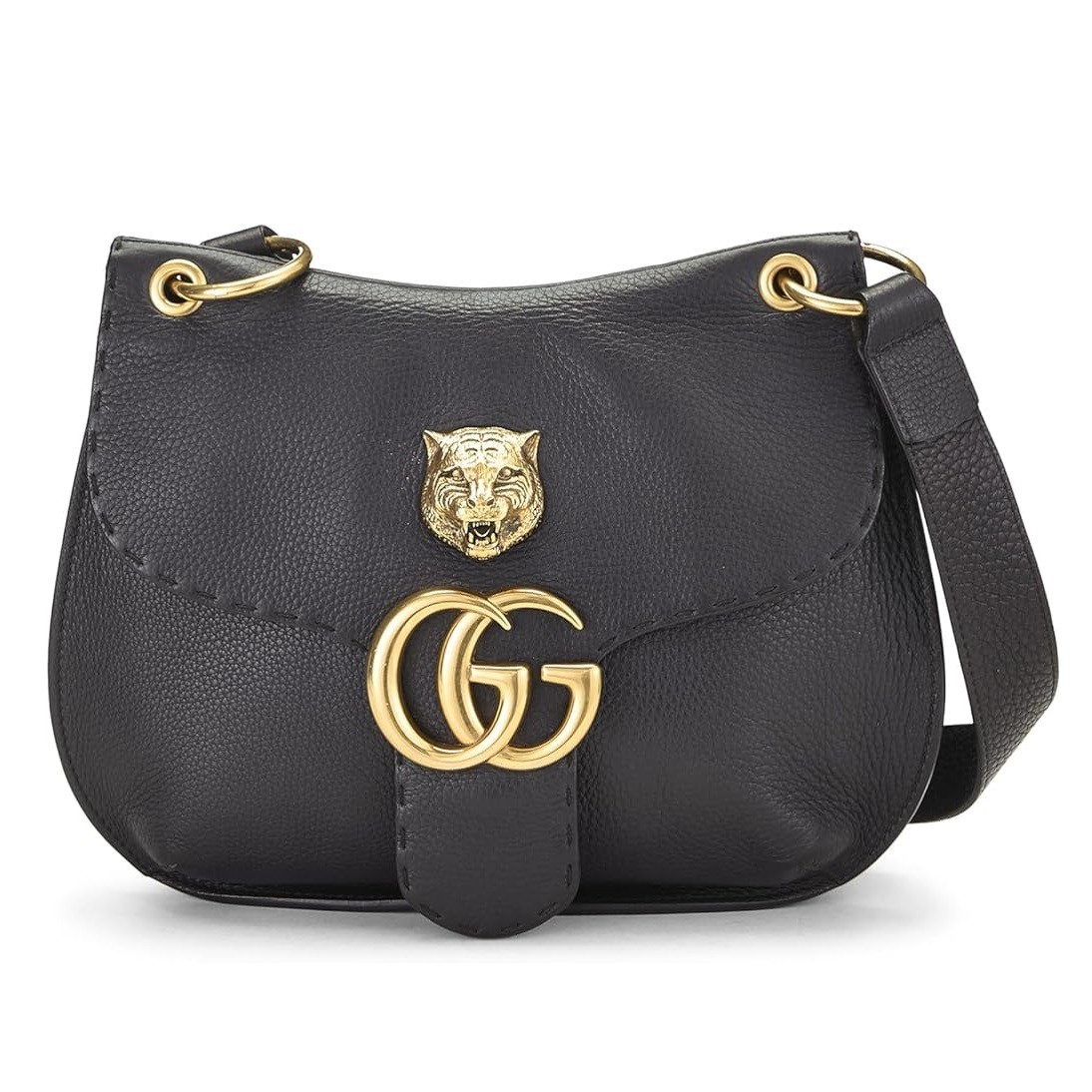 Gucci Pre-Loved Black Leather Web Tiger Head Animalier Shoulder Bag, Black