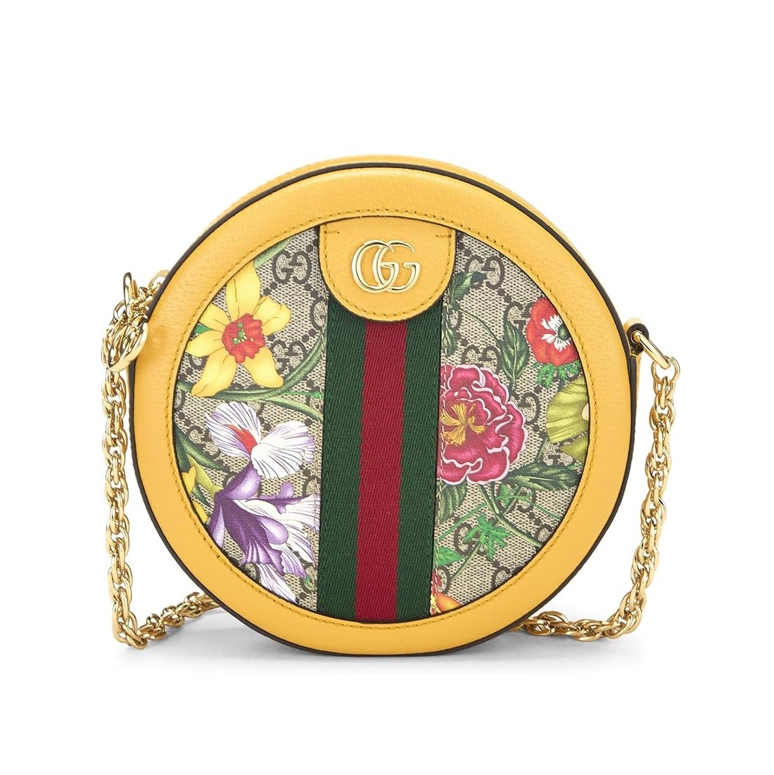 Gucci Pre-Loved Yellow GG Supreme Canvas Flora Ophidia Round Shoulder Mini, Yellow