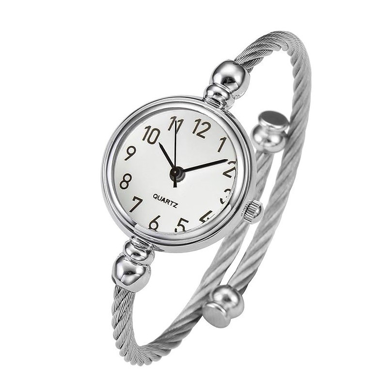 Top Plaza Womens Fashion Analog Quartz Bangle Cuff Wrist Bracelet Watch Elegant Stainless Steel Wire Band Arabic Numerals Dress Watches