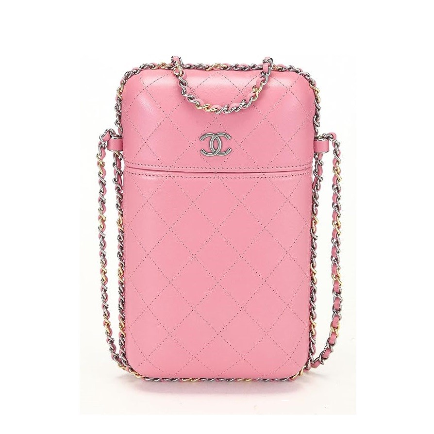 CHANEL Pre-Loved Pink Calfskin Chain Around Phone Holder, Pink