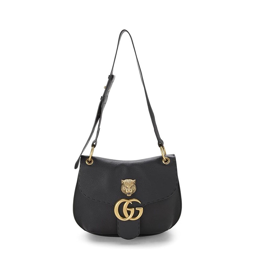Gucci Pre-Loved Black Leather GG Marmont Tiger Head Animalier Shoulder Bag, Black
