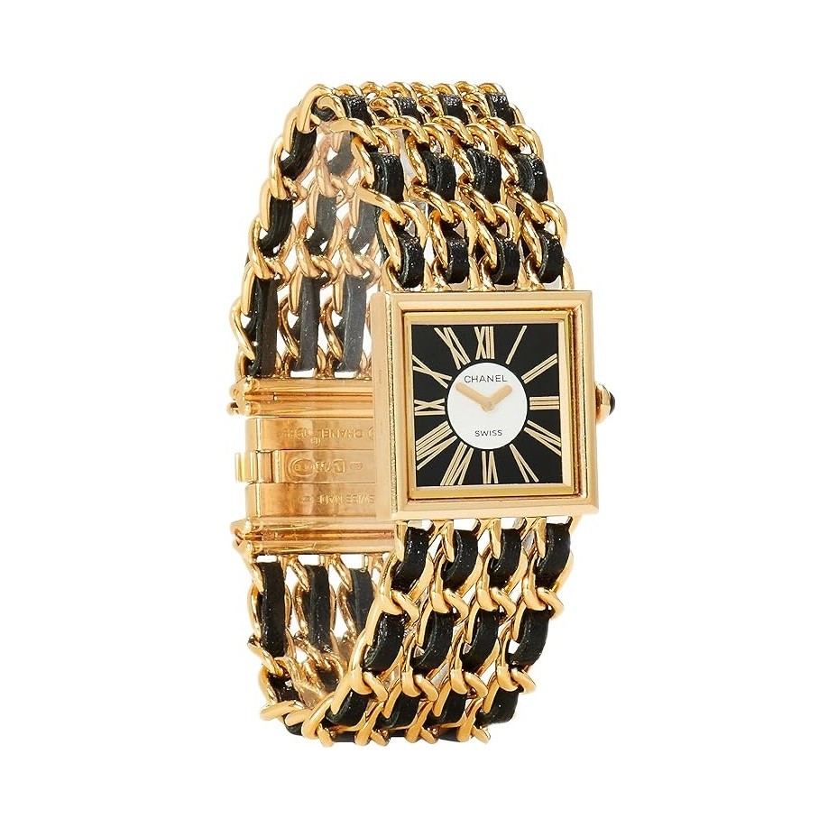 CHANEL Pre-Loved 18K Yellow Gold & Black Leather Mademoiselle Watch Medium, Black