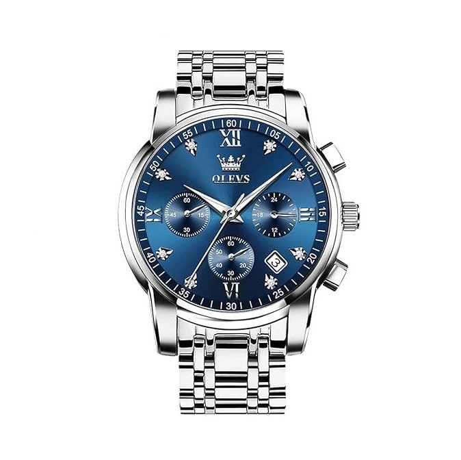 OLEVS Men's Stainless Steel Chronograph Watch, Big Face Gold Silver Black Tone Easy to Read Analog Quartz Watch, Luxury Waterproof Date Diamond Roman Arabic Numerals Dial Dress Watch for Men