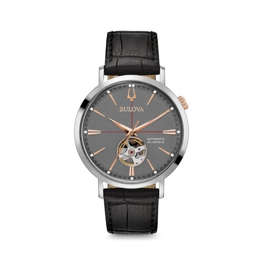 Bulova Men's Classic Aerojet 3-Hand Automatic Leather Strap Watch, Open Aperture, 40-Hour Power Reserve, Double Curved Mineral Crystal, 41mm