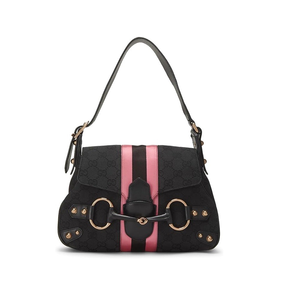 Gucci Pre-Loved Black GG Canvas Web Horsebit Shoulder Bag, Black