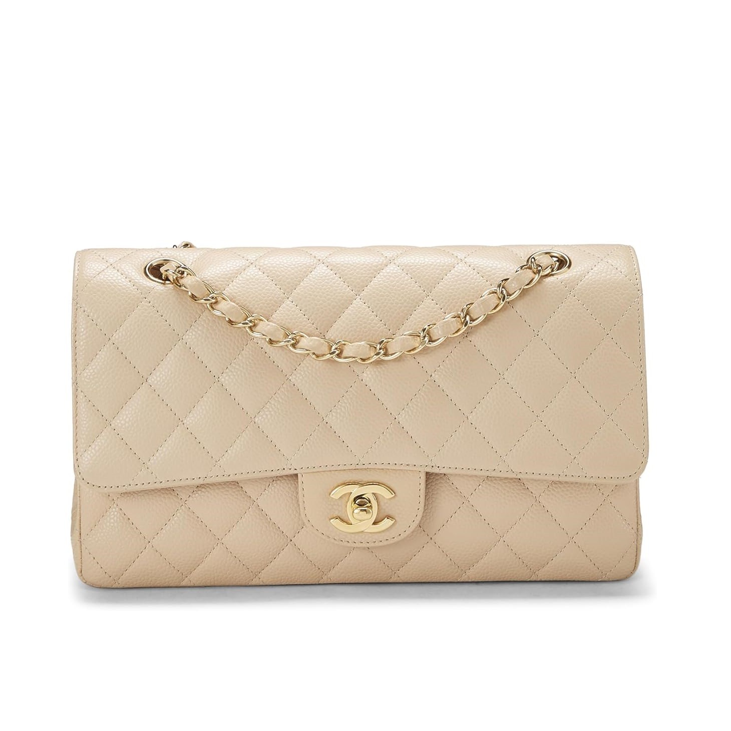 CHANEL Pre-Loved Beige Quilted Caviar Classic Double Flap Medium, Beige