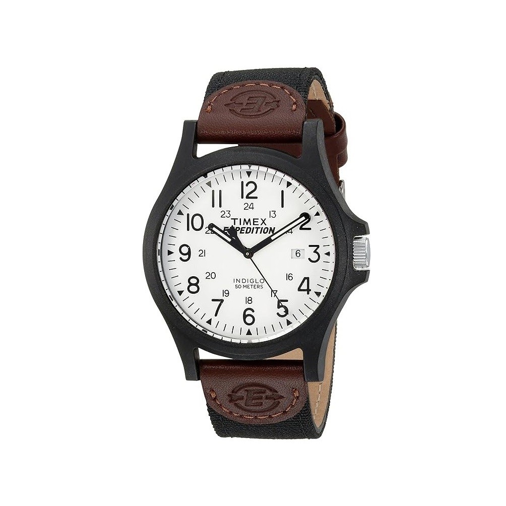 Timex Men's Expedition Acadia 40mm Watch – Black Case Black Dial with Black & Brown Leather & Fabric Strap